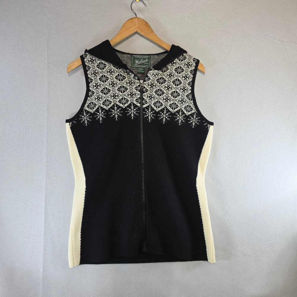 NWT Woolrich Gorpcore Nordic Hooded Vest Size M Lambswool Winter Black White